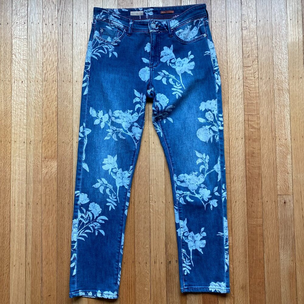 Anthropologie Pilcro Boyfriend Jeans Mid-Rise Slim with White Floral Print